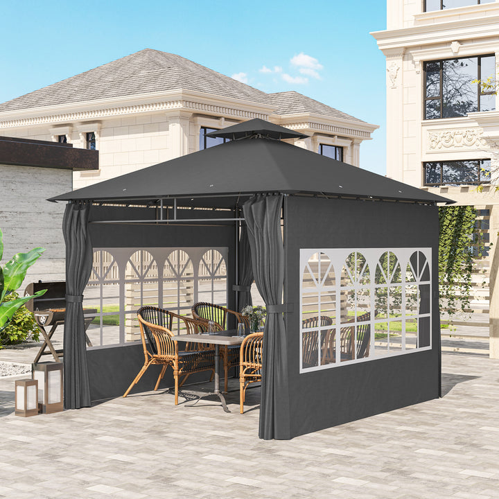 3 x 3 m Garden Gazebo, Double Roof Metal Gazebo with Removable Sidewalls and Church Windows, Outdoor Canopy Shelter, Dark Grey