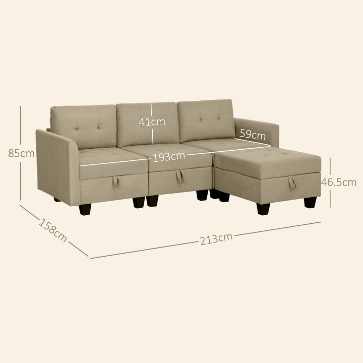 HOMCOM Convertible Modular Sectional Sofa with Storage, 3 Seater Sofa Set, L Shaped Sofa Couch with Ottoman, Wood Frame for Living Room, Light Brown | Aosom UK