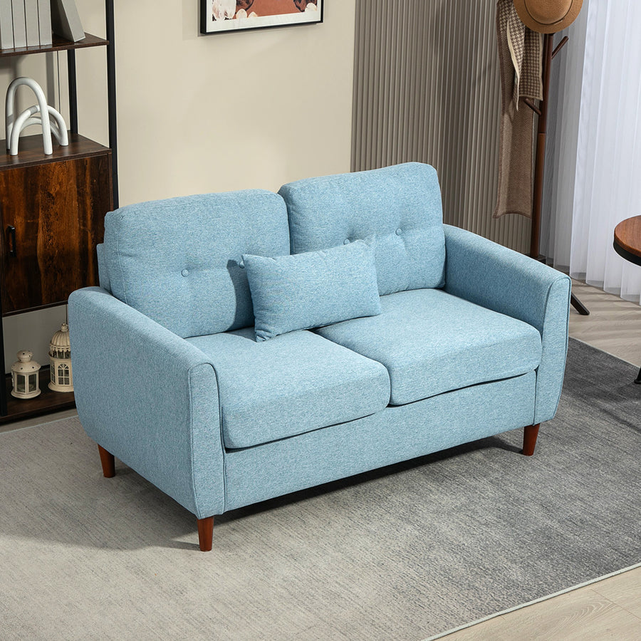 2 Seater Sofa with Spring Cushion, Fabric Sofa with Wooden Legs, Modern Love Seat for Living Room, 140cm Width Tufted Couch for Bedroom, Light Blue