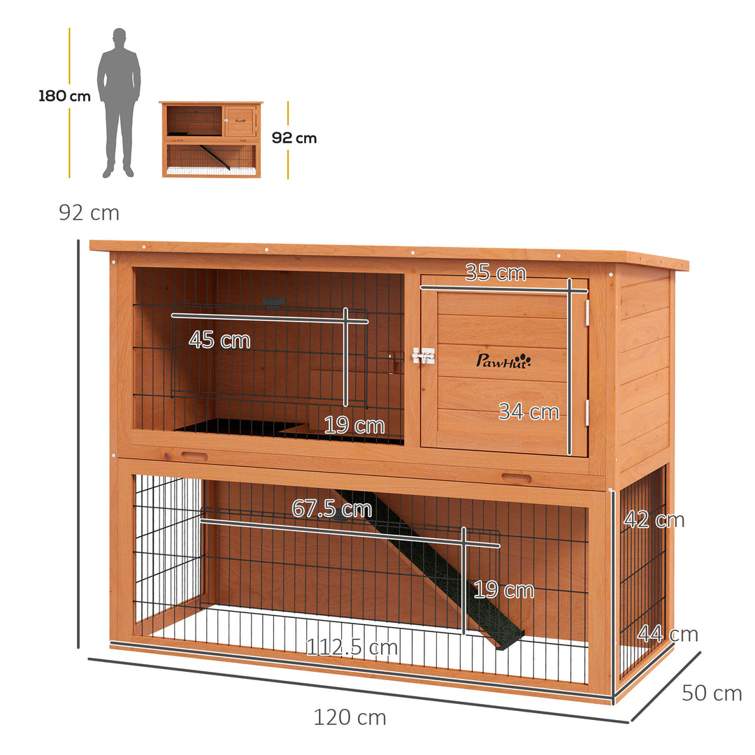 PawHut 2 Tier Antiseptic Wood Rabbit Hutch with Run Outdoor 92cm Orange | Aosom UK