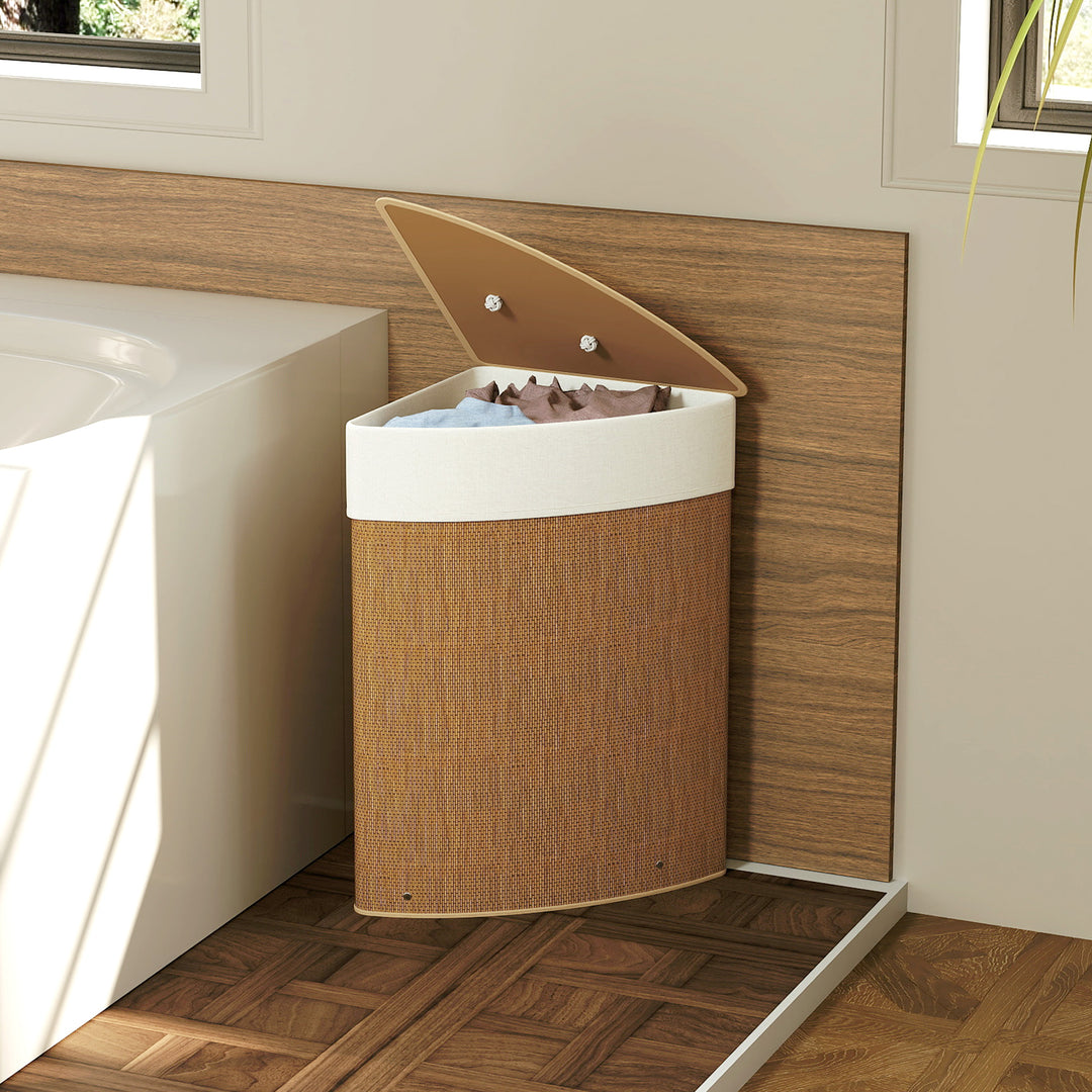 Bamboo Laundry Basket with Lid, 55L Corner Laundry Hamper with Removable Washable Liner Bag, Bathroom Triangle Washing Basket, 35 x 35 x 60 cm, Brown