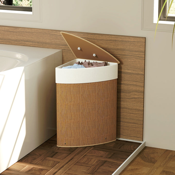 Bamboo Laundry Basket with Lid, 55L Corner Laundry Hamper with Removable Washable Liner Bag, Bathroom Triangle Washing Basket, 35 x 35 x 60 cm, Brown