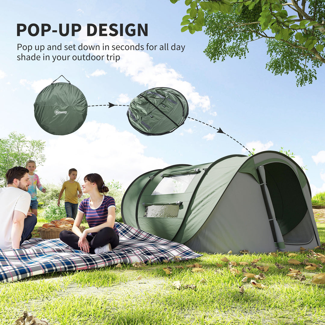 4 Person Pop-up Camping Tent Family Tent with Ground Sheet, 4 Windows and Portable Carry Bag for Beach Outdoor Trip, Dark Green