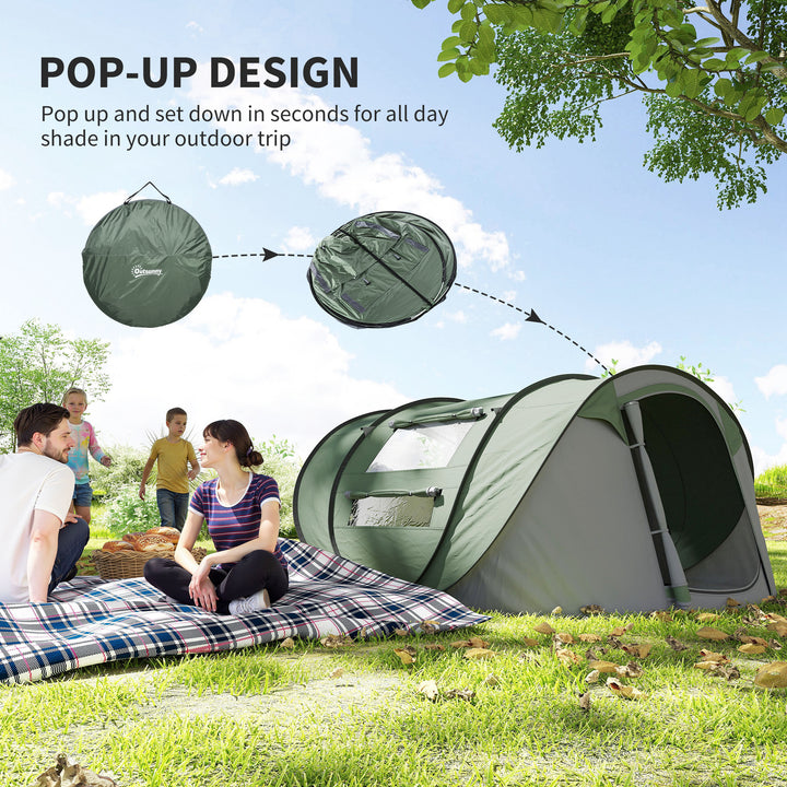 4 Person Pop-up Camping Tent Family Tent with Ground Sheet, 4 Windows and Portable Carry Bag for Beach Outdoor Trip, Dark Green