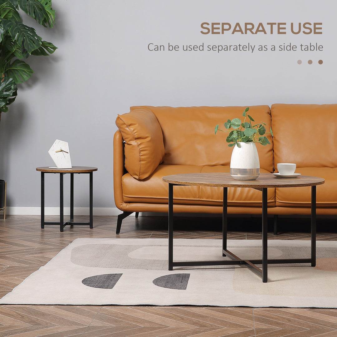 MCL Round Coffee Table, Set of 2 Side Table with Metal Frame, Industrial End Table for Living Room Bedroom, Rustic Brown