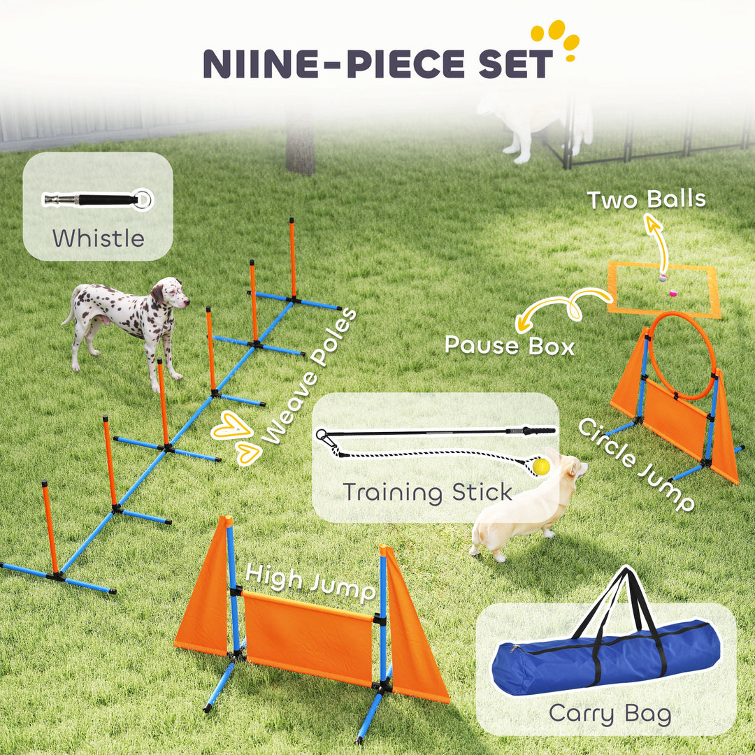 Seven-Piece Dog Agility Equipment Set with Weave Poles, Jump Ring, Hurdle, Pause Box, Carry Bag, Orange