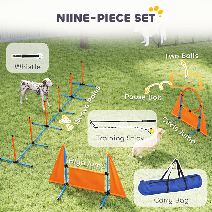 Seven-Piece Dog Agility Equipment Set with Weave Poles, Jump Ring, Hurdle, Pause Box, Carry Bag, Orange
