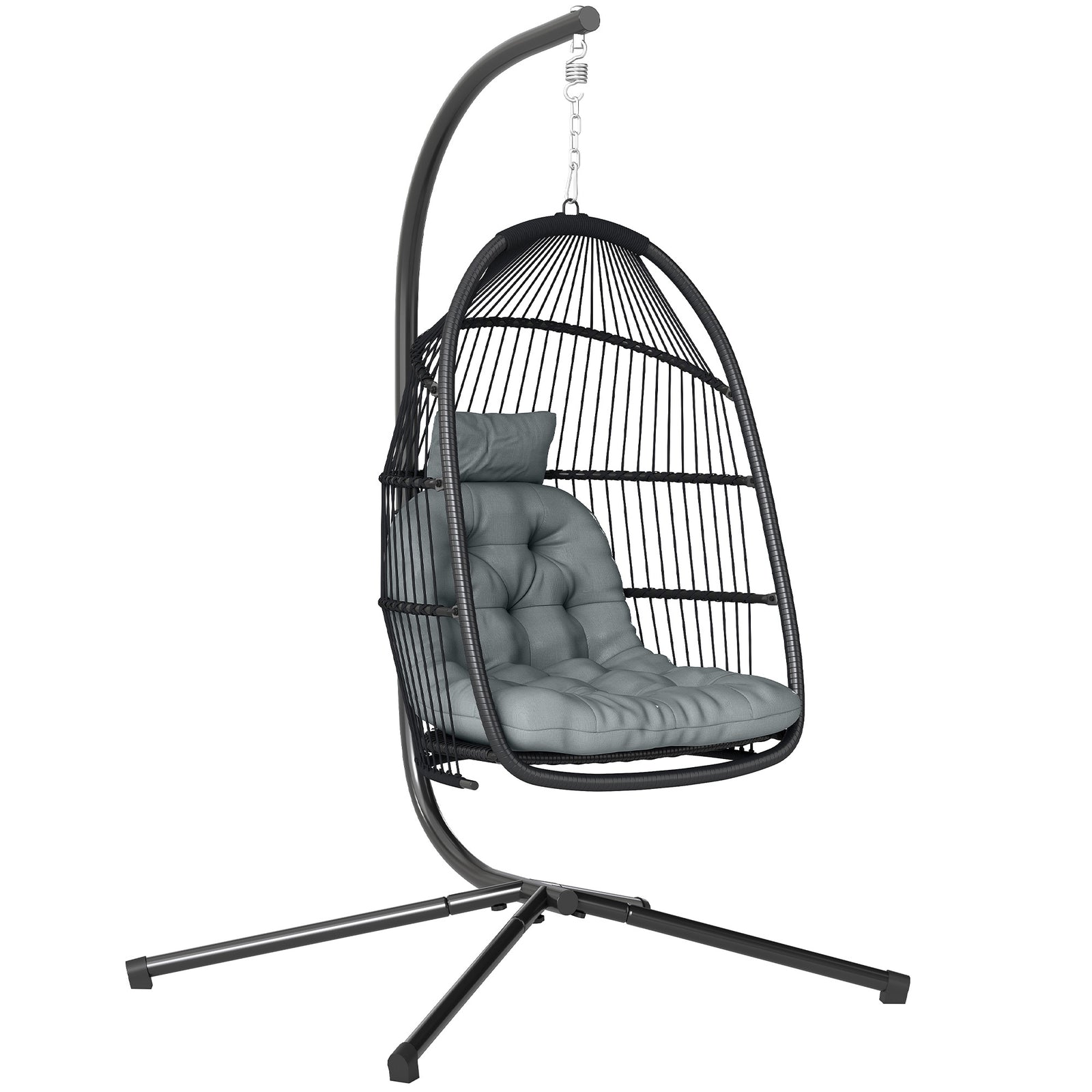 Rattan Hanging Egg Chair with Stand, Foldable Wicker Swing Egg Chair with Cushion, Head Pillow, Steel Frame, Hammock Chair for Indoor Outdoor, Capacity 150 kg, Dark Grey