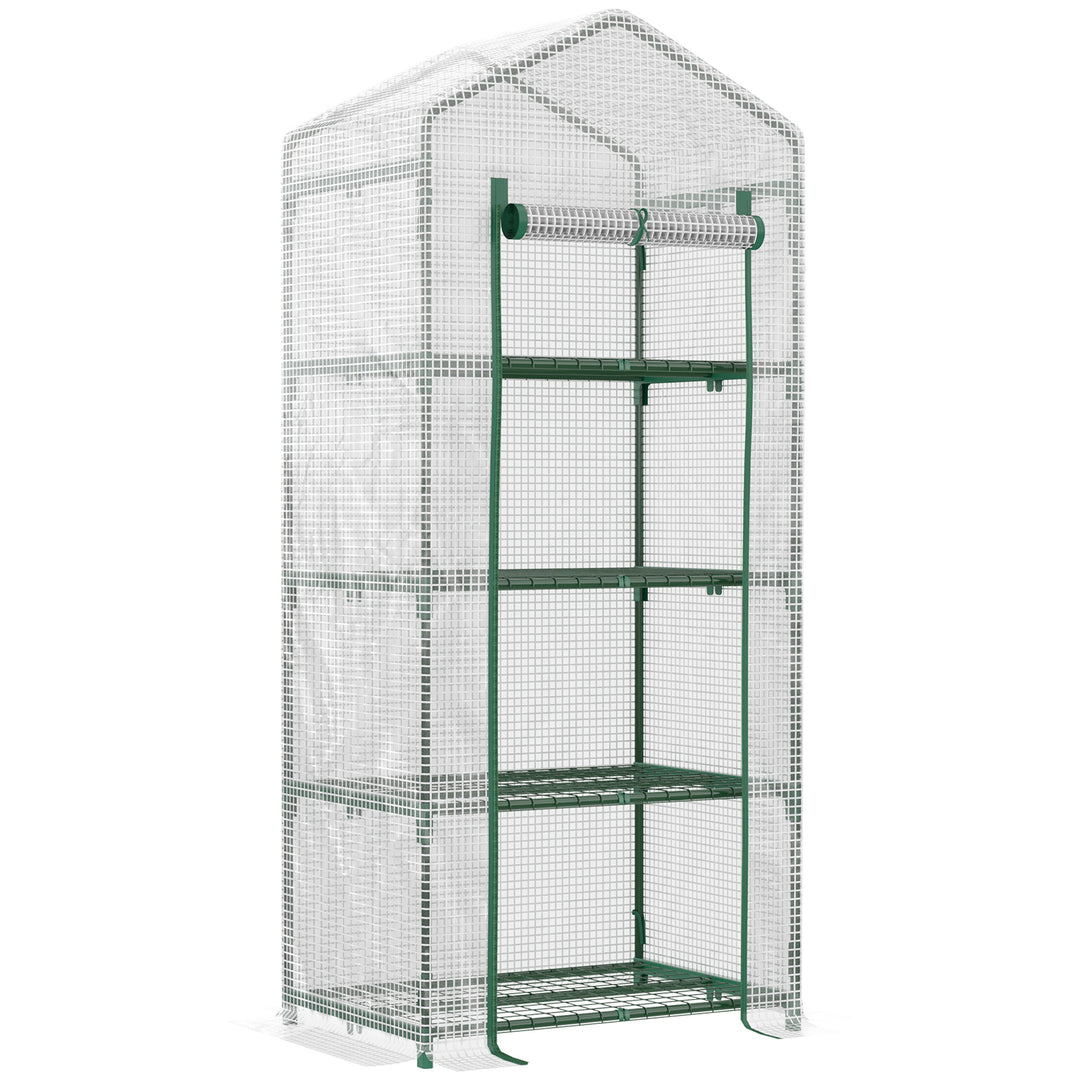 4 Tier Mini Greenhouse, Portable Compact Green House with Steel Frame, PE Cover, Roll-up Door, 70 x 50 x 160 cm, White