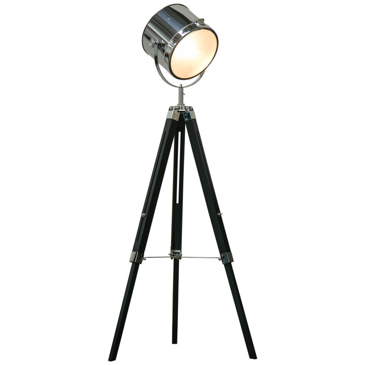 MCL Industrial Style Adjustable Tripod Floor Lamp, Searchlight Lamp with Wooden Legs and Steel Lampshade, 110-155cm, Black