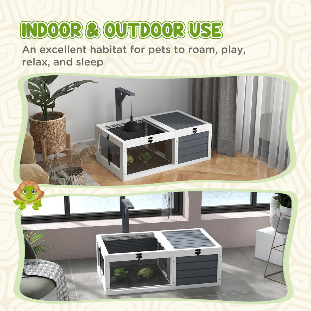 Tortoise Table with Wooden Lamp Holder, Wooden Tortoise House w/ Openable Lids, Pull-Out Trays - Grey