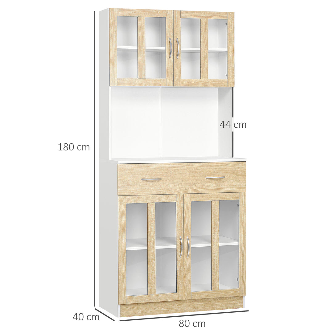 HOMCOM Modern Kitchen Cupboard, Freestanding Storage Cabinet Hutch with Central Drawer, 2 Glass Door Cabinets and Countertop,180cm