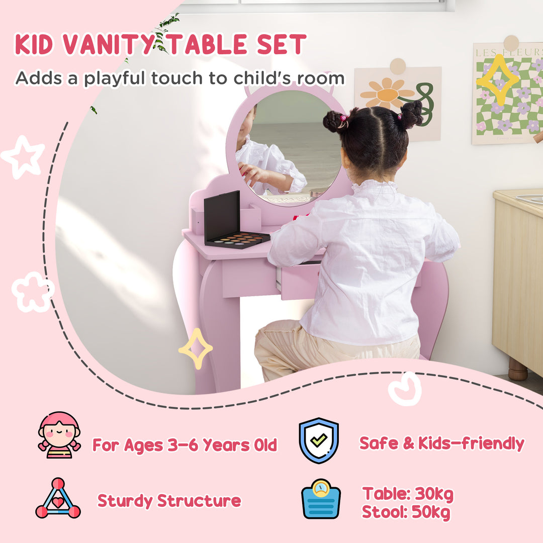 ZONEKIZ Children's Vanity Set with Mirror, Stool, Cat Theme, Drawer, Organiser Boxes for Ages 3-6, Pink | Aosom UK