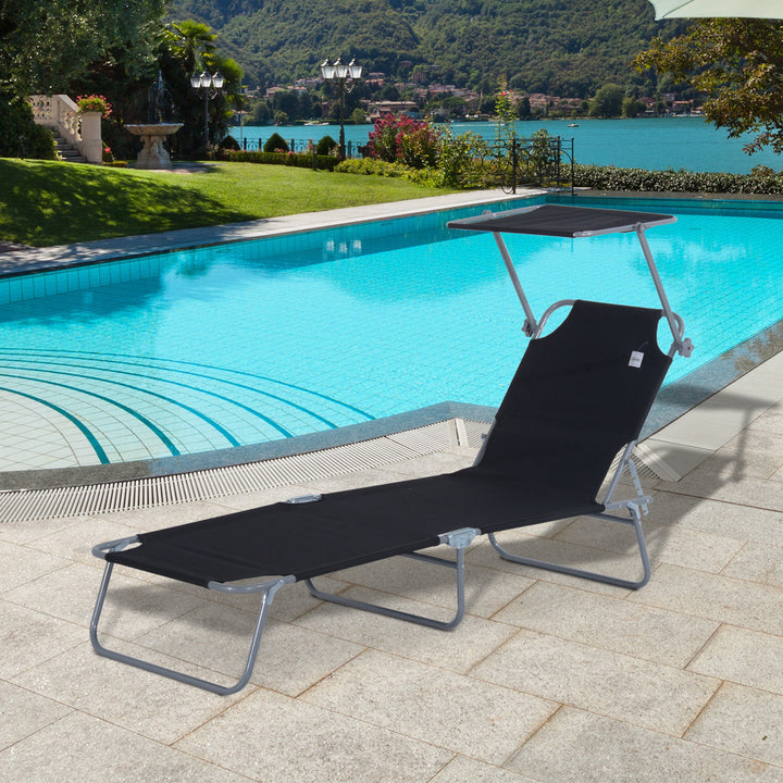 Outdoor Foldable Sun Lounger, 4 Level Adjustable Backrest Reclining Sun Lounger Chair with Angle Adjust Sun Shade Awning for Beach, Garden, Patio, Black
