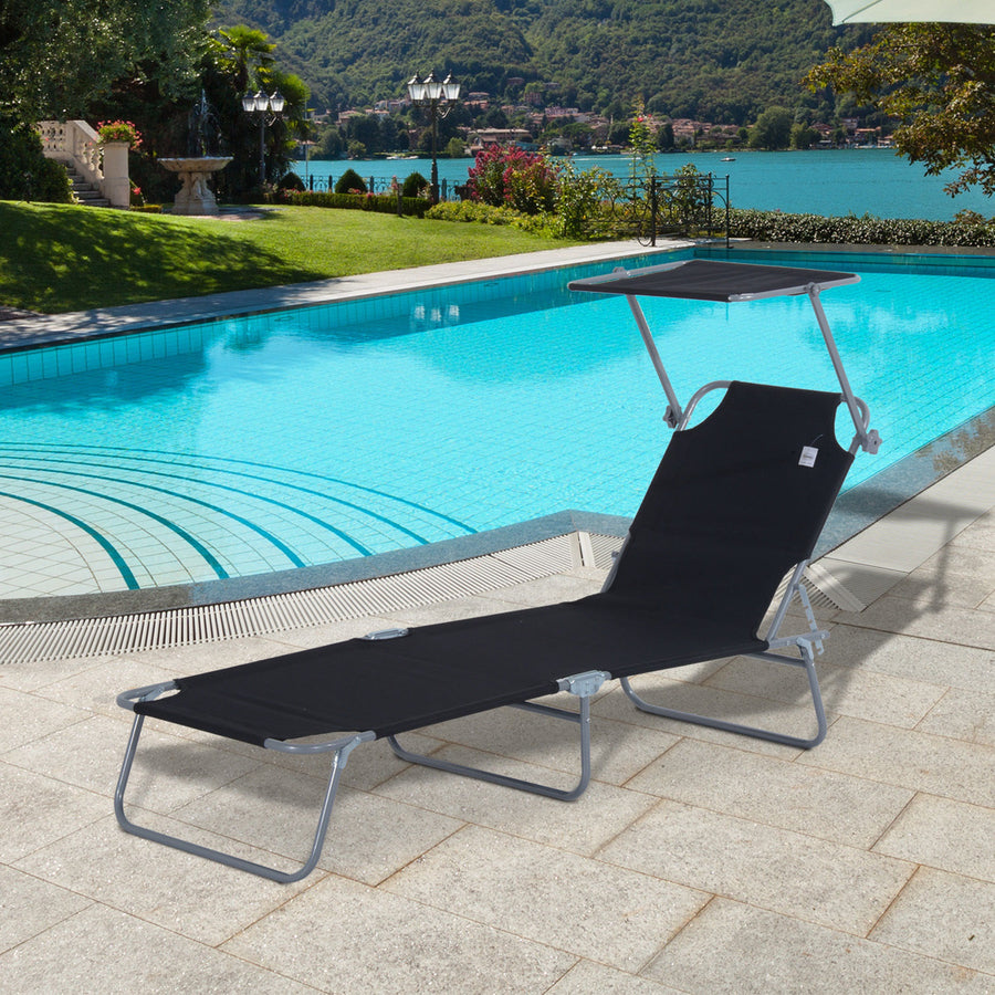 Outdoor Foldable Sun Lounger, 4 Level Adjustable Backrest Reclining Sun Lounger Chair with Angle Adjust Sun Shade Awning for Beach, Garden, Patio, Black