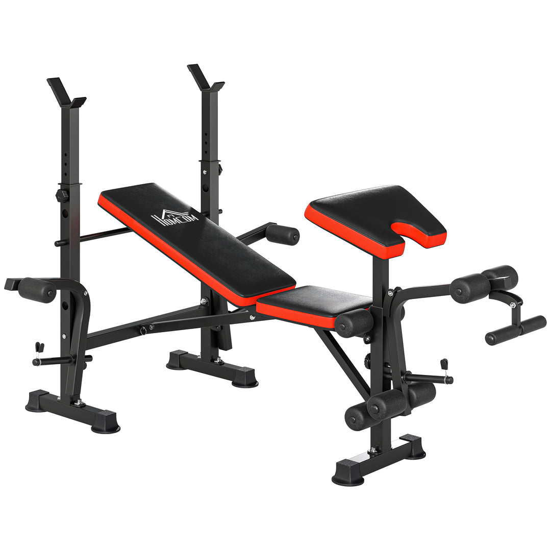 Adjustable Weight Bench with Leg Extension, Barbell Rack, Preacher Curl Pad, Butterfly, Multi-Function Home Gym Bench for Strength Training, Red