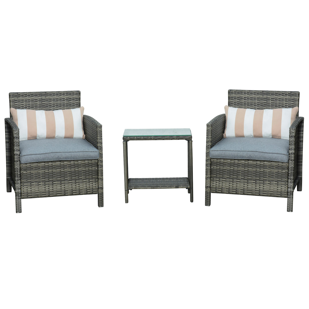 3 Pieces Rattan Bistro Set, Wicker Garden Furniture Set, Glass Top 2-tier Coffee Table and Chairs Set with Pillows and Washable Cushions for Outdoor, Patio, Balcony, Grey