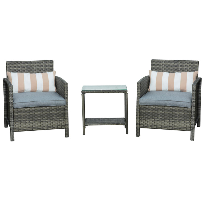 3 Pieces Rattan Bistro Set, Wicker Garden Furniture Set, Glass Top 2-tier Coffee Table and Chairs Set with Pillows and Washable Cushions for Outdoor, Patio, Balcony, Grey