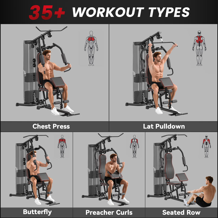 Multifunctional Home Gym Equipment Workout Station, Chest Station, Butterfly Press & Leg Developer, 45kg Weight Stack Multi Gym Machine Fitness Equipment for Full Body Fitness