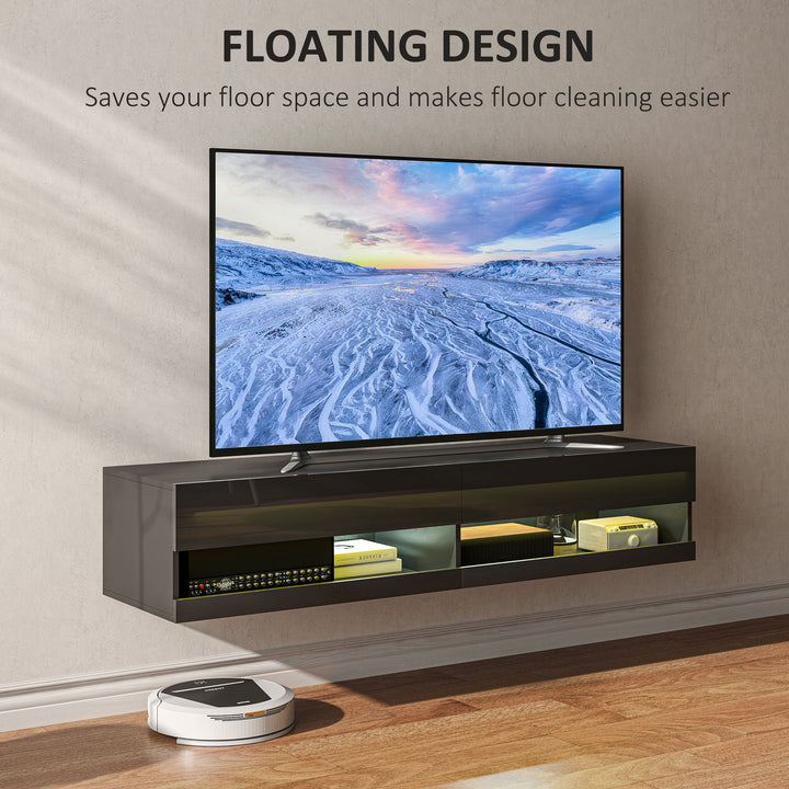 Floating TV Unit, Wall Mounted TV Cabinet for TVs up to 65", High Gloss Media Wall Unit with LED Lights, Storage Shelves for Living Entertainment Room, Black