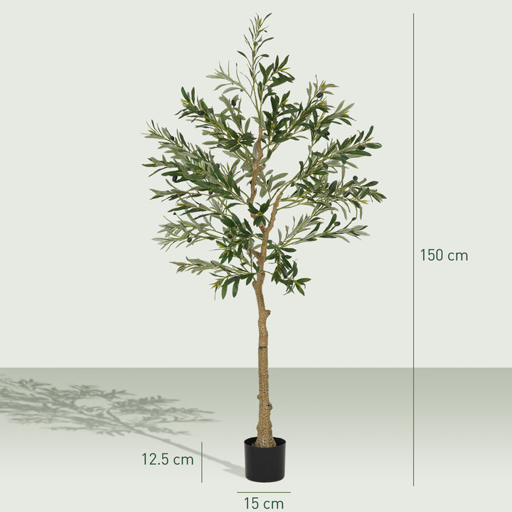 5ft/ 150cm Decorative Artificial Plant, Silk Olive Tree with 720 Leaves and 32 Olive Fruits in Pot, Fake Plant for Home, Office, Living Room, Indoor Decor