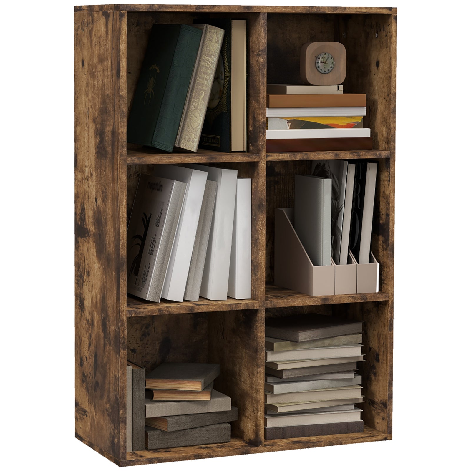 Six-Cube Bookcase - Rustic Brown Wood Effect