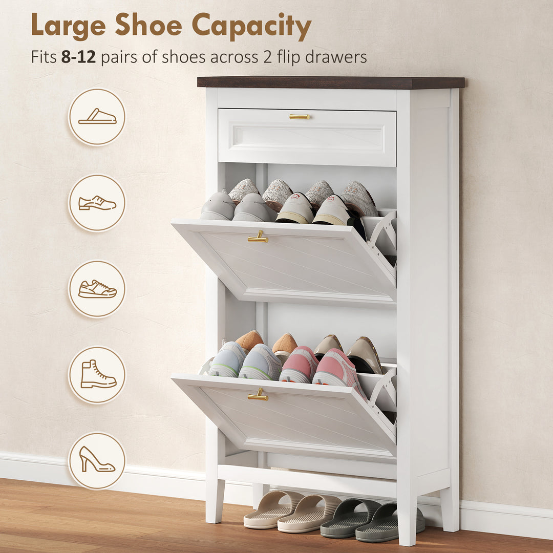 Shoe Cabinet with 2 Flip Drawers, Farmhouse Narrow Shoe Storage Cabine