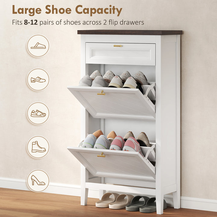 Shoe Cabinet with 2 Flip Drawers, Farmhouse Narrow Shoe Storage Cabine