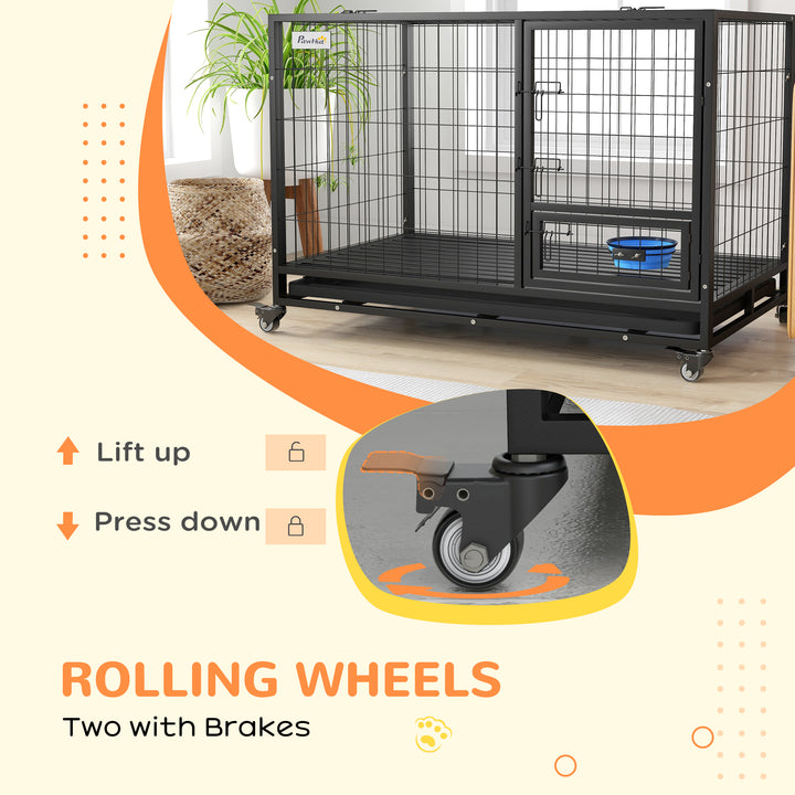 PawHut 48" Heavy Duty Dog Crate on Wheels w/ Bowl Holder, Removable Tray, Detachable Top, Double Doors for L, XL Dogs