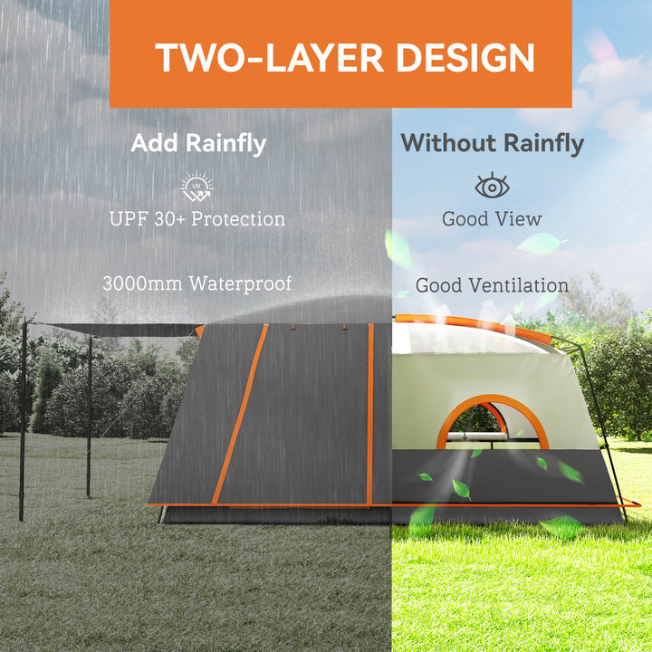 4-6 Man Camping Tent, Double Layer Tunnel Tent with Porch, Living Area and 2 Bedrooms, Sewn in Groundsheet, 3000mm Waterproof and UPF 30+, Portable with Bag, Grey