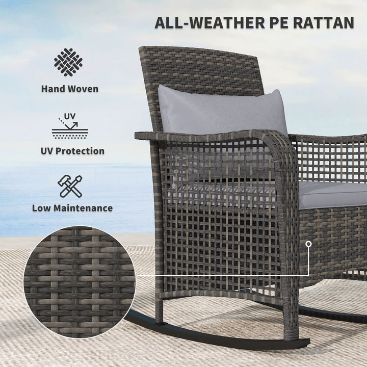 Garden Rocking Chair, Outdoor Rattan Rocker Lounge Chair with Seat and Back Cushions, Patio Armchair Seat with All-weather Wicker, Steel Frame for Porch Balcony, Light Grey