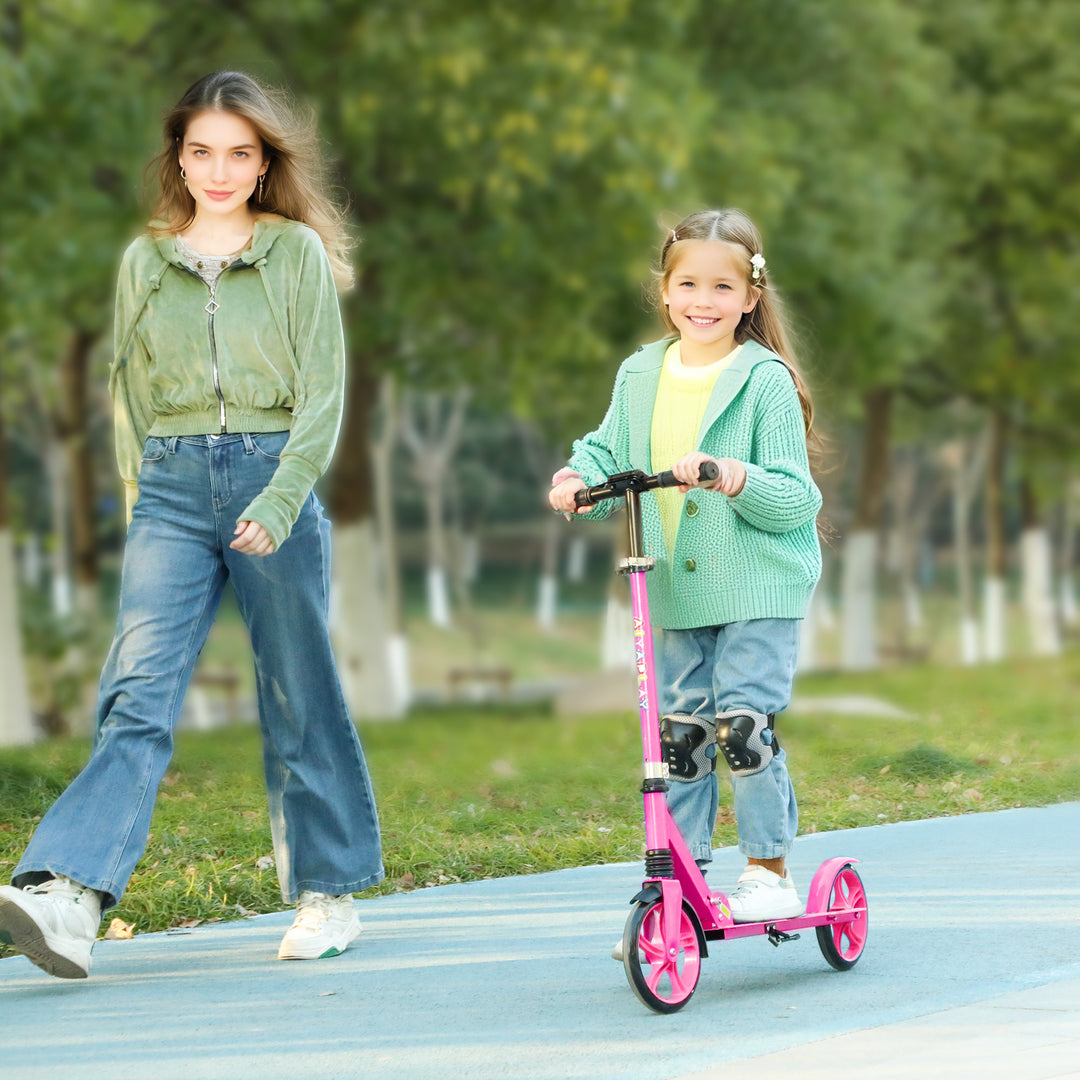 AIYAPLAY Foldable Kids Scooter with Adjustable Handlebar, 200mm Big Wheel, Rear Fender Brake, for Ages 6-12 Years, Pink