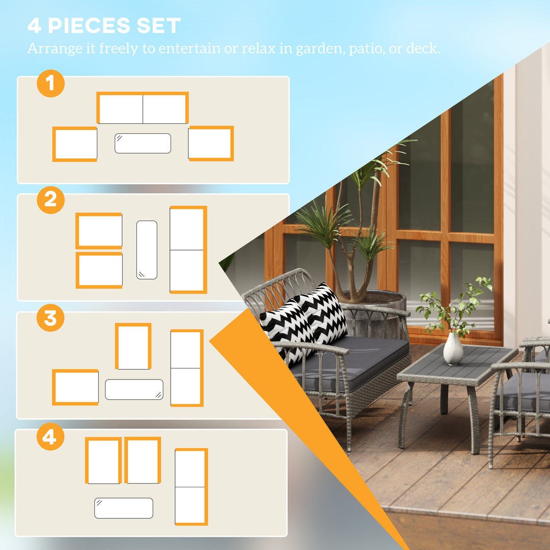 Four-Piece Rattan Cut-Out Sofa Set - Grey