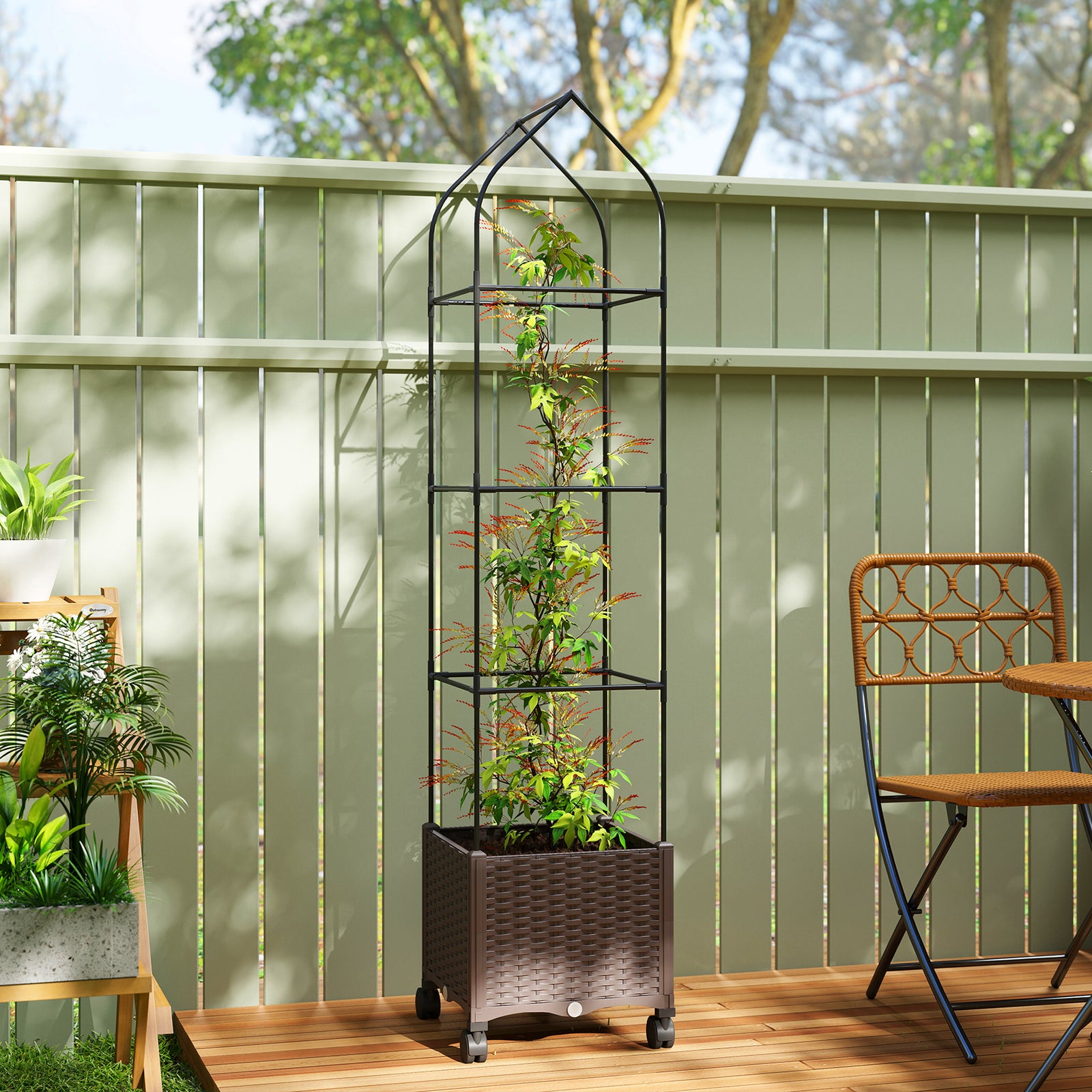Raised Garden Bed with Trellis, Tomato Cage with Lockable Wheels, Self