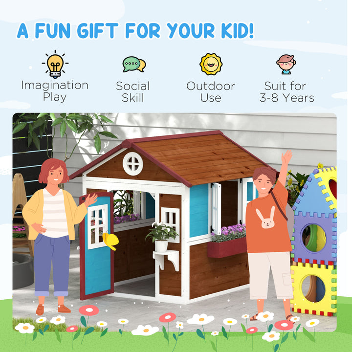 Wooden Playhouse with Doors, Windows, Plant Pots, Boxes, for 3-8 Years - Dark Brown