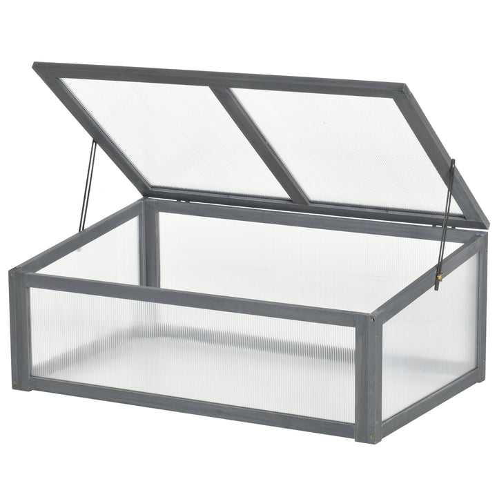 Outsunny Cold Frame Greenhouse, Wooden Frame with Polycarbonate Board, Openable & Tilted Top, 100x65x40cm, Grey | Aosom UK