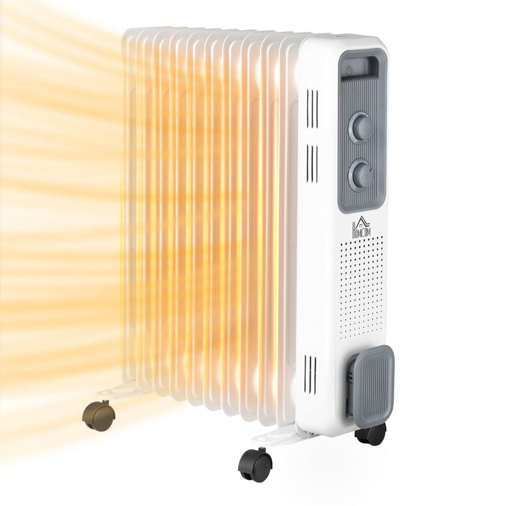 2500W Oil Filled Radiator, 11 Fin, Portable Electric Heater with 3 Heat Settings, Safety Cut-Off and Wheels