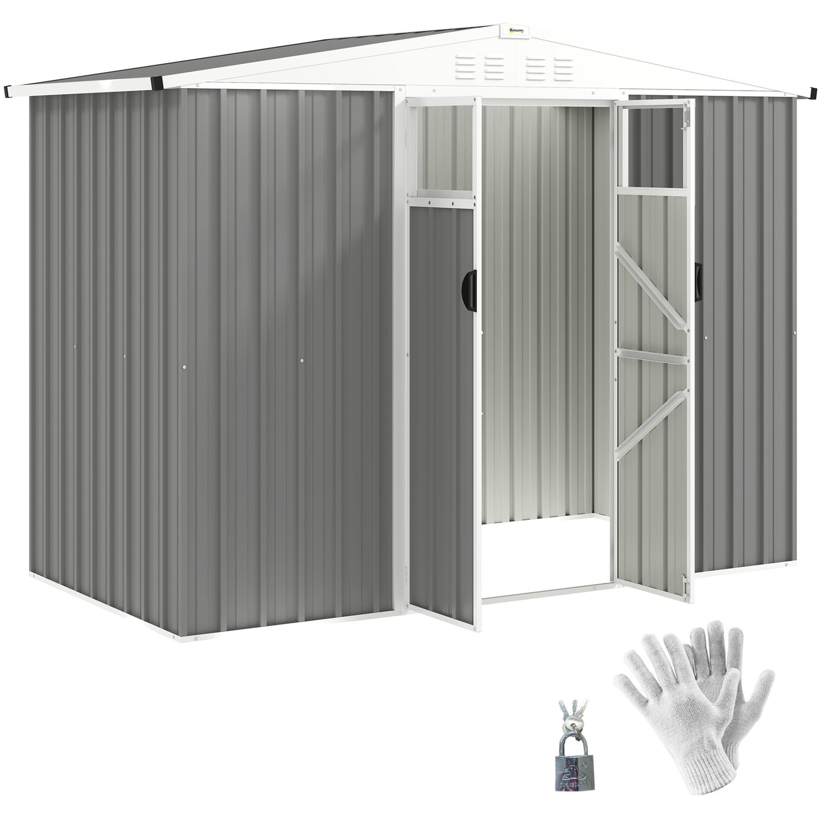 8 x 4 ft Metal Garden Shed, Garden Storage Shed with Window, 4 Vents and Lockable Door, Waterproof Galvanised Steel Tool Storage Shed, Light Grey
