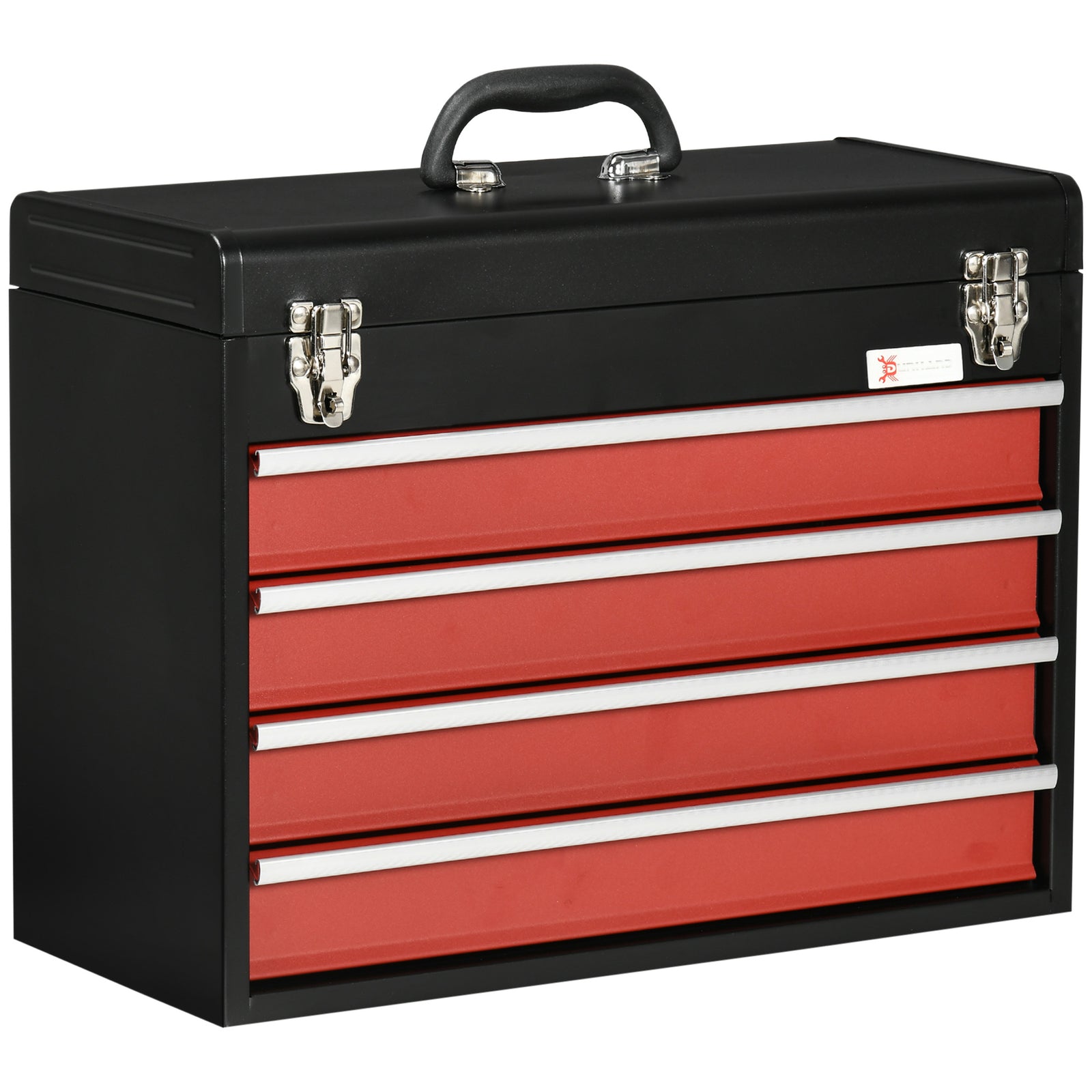 4 Drawer Tool Chest, Lockable Metal Tool Box with Ball Bearing Runners, Portable Toolbox, 510mm x 220mm x 395mm, Black