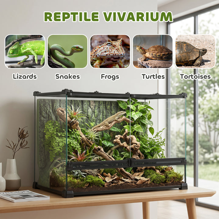 Reptile Glass Terrarium with Stone Background, Front Ventilation, Esca
