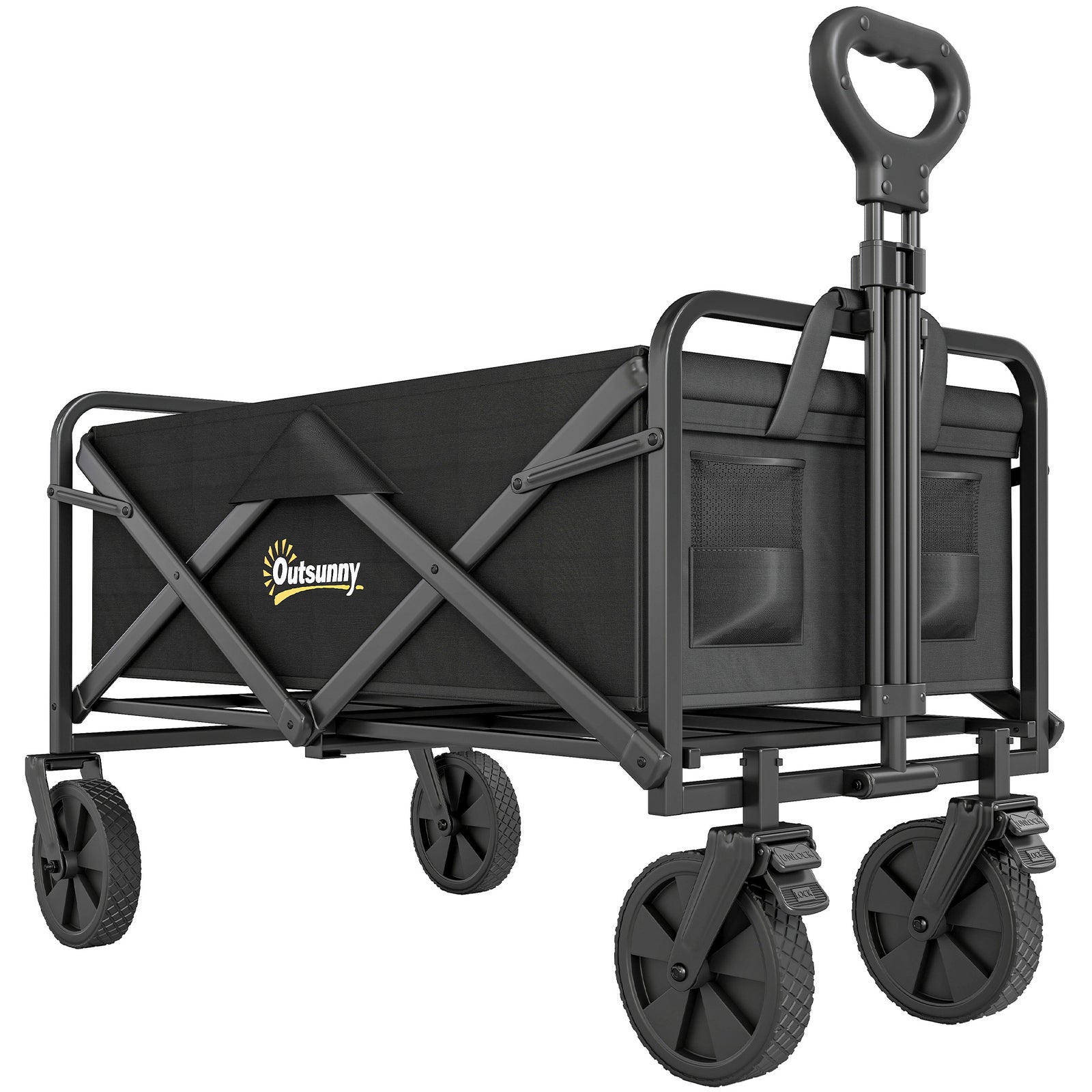 Folding Steel Frame Garden Storage Cart, with Wheels and Handle - Black