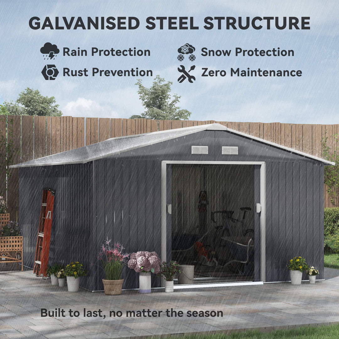 13 x 11ft Metal Garden Shed, Outdoor Storage Tool House with Ventilation Slots, Foundation Kit and Lockable Double Doors, Grey