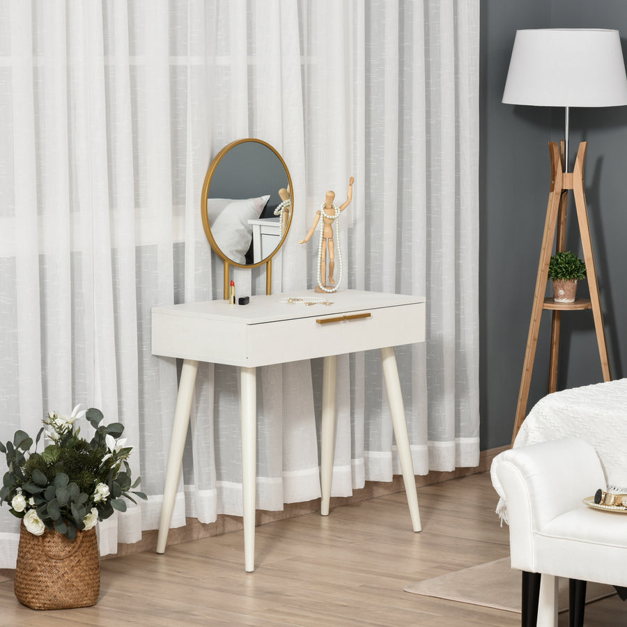 Elegant Dressing Table, with Round Mirror, 80 x 40 x 123 cm - White