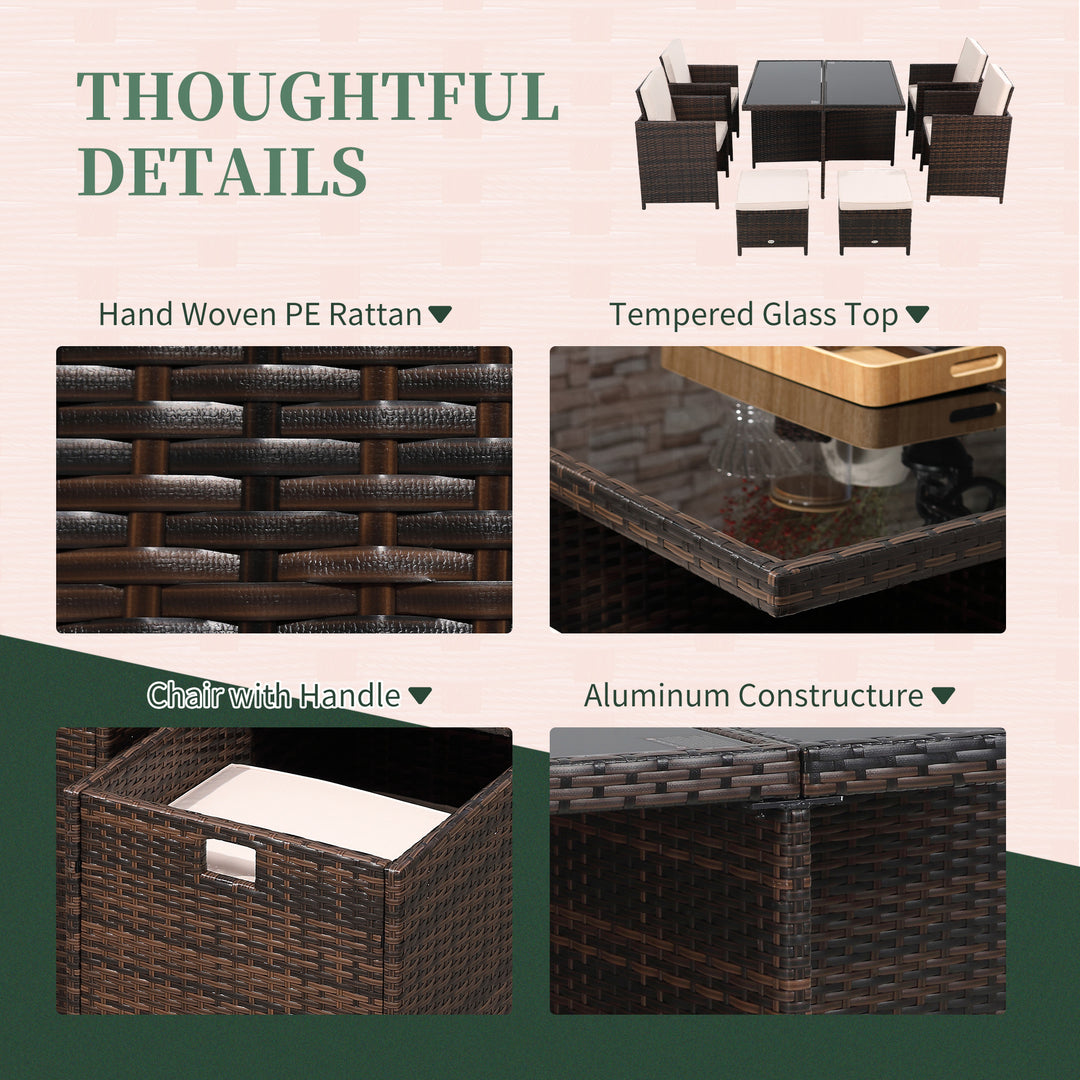 MCL 8 Seater Rattan Cube Garden Furniture Set, Rattan Dining Set with Cushions, Outdoor Dining Table and Chairs with 4 Armchairs, 4 Stools, Square Glass Top Table for Patio, Balcony, Brown