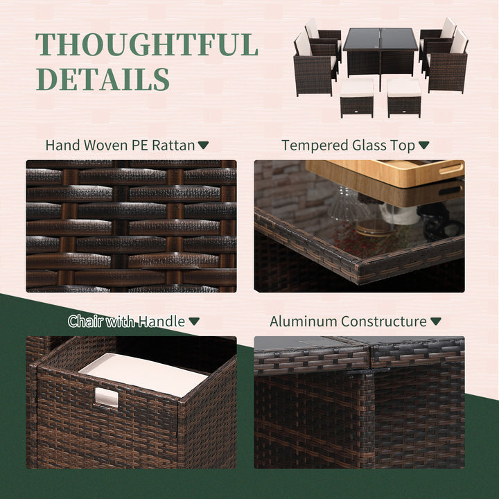 MCL 8 Seater Rattan Cube Garden Furniture Set, Rattan Dining Set with Cushions, Outdoor Dining Table and Chairs with 4 Armchairs, 4 Stools, Square Glass Top Table for Patio, Balcony, Brown