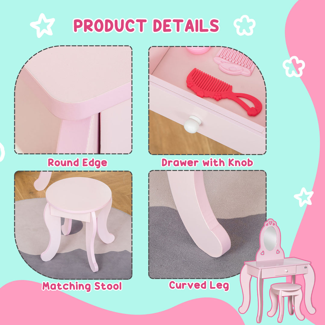 HOMCOM Kids Vanity Table & Stool Girls Dressing Set Make Up Desk Chair Dresser Play Set with Mirror Pink | Aosom UK