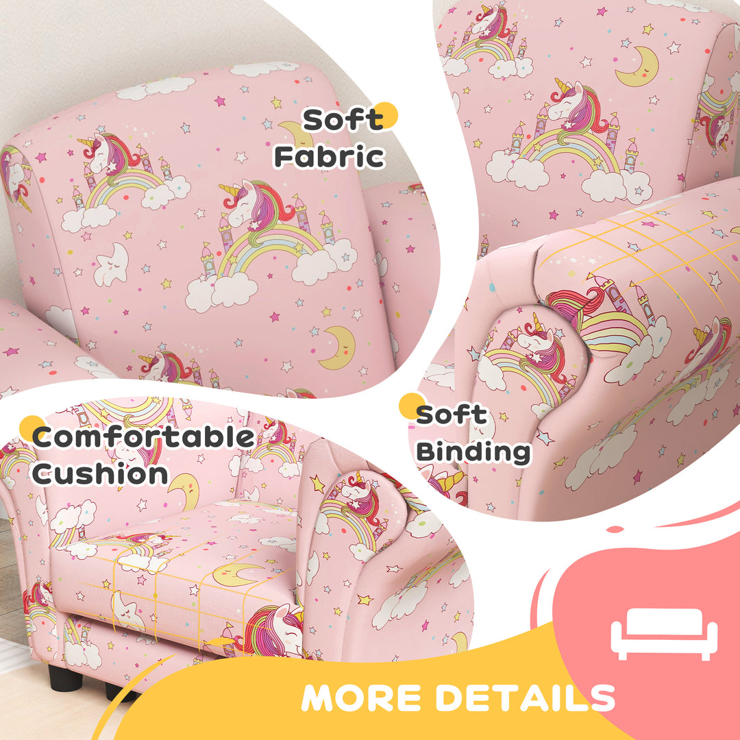 AIYAPLAY 2 Piece Kids Sofa Set with Unicorn Design, Wooden Frame, for 1.5-3 Years Old, Pink