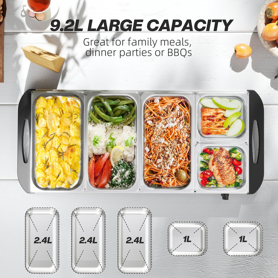 Electric Food Warmer 5 Tray, 9.2L Portable Buffet Server and Warming Tray with Lids, Adjustable Temperature Control and Cool Touch Handles, 450W, 3 x 2.4L and 2 x 1L, Silver Tone