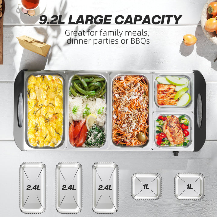 Electric Food Warmer 5 Tray, 9.2L Portable Buffet Server and Warming Tray with Lids, Adjustable Temperature Control and Cool Touch Handles, 450W, 3 x 2.4L and 2 x 1L, Silver Tone