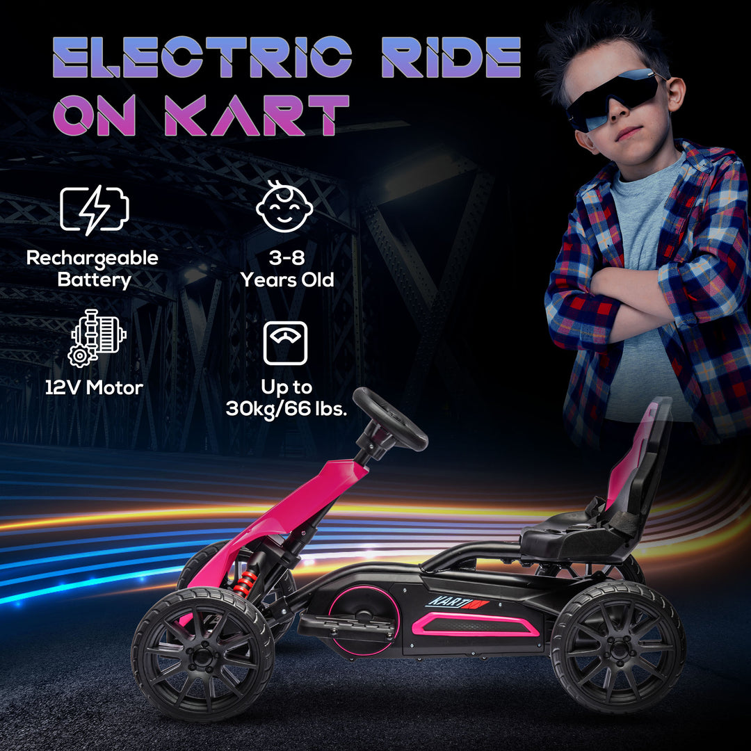 HOMCOM 12V Electric Go Kart for Kids, Ride-On Racing Go Kart w/ Forward Reversing, Rechargeable Battery, 2 Speeds, for Kids Aged 3-8, Pink